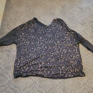 Lane Bryant Black Long Sleeve Top with Light Cross Print. Leather Trim Coller